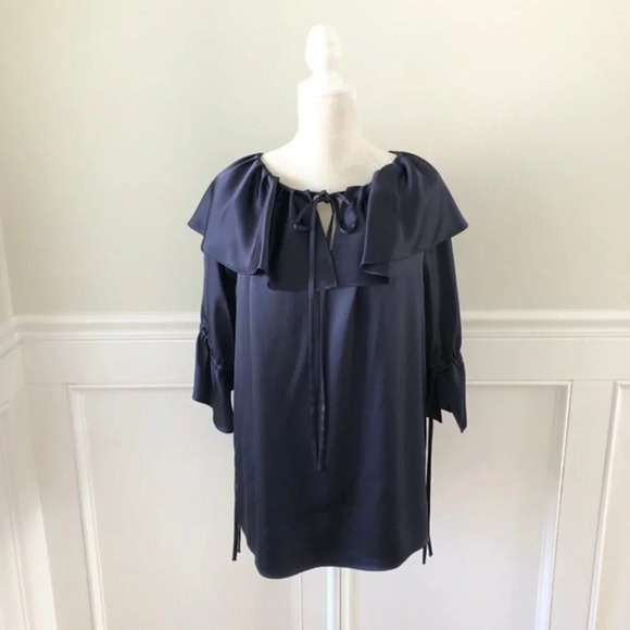 Osman Navy Frilled Blouse Satin Blue Medium - Picture 3 of 7